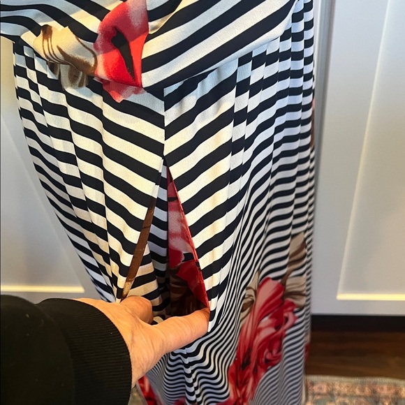 Enfocus Studio Black and White Striped Maxi Dress with Red Floral Accents - Picture 5 of 8